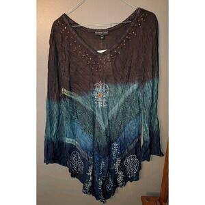 Greater Good Women's Hand Print Boho Hippie Flowy LS Purple Blue Shirt 1x/2x NWT